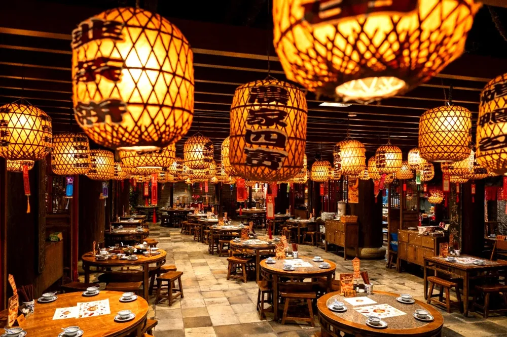 Lantern-lit dining room at Nanjing Impressions